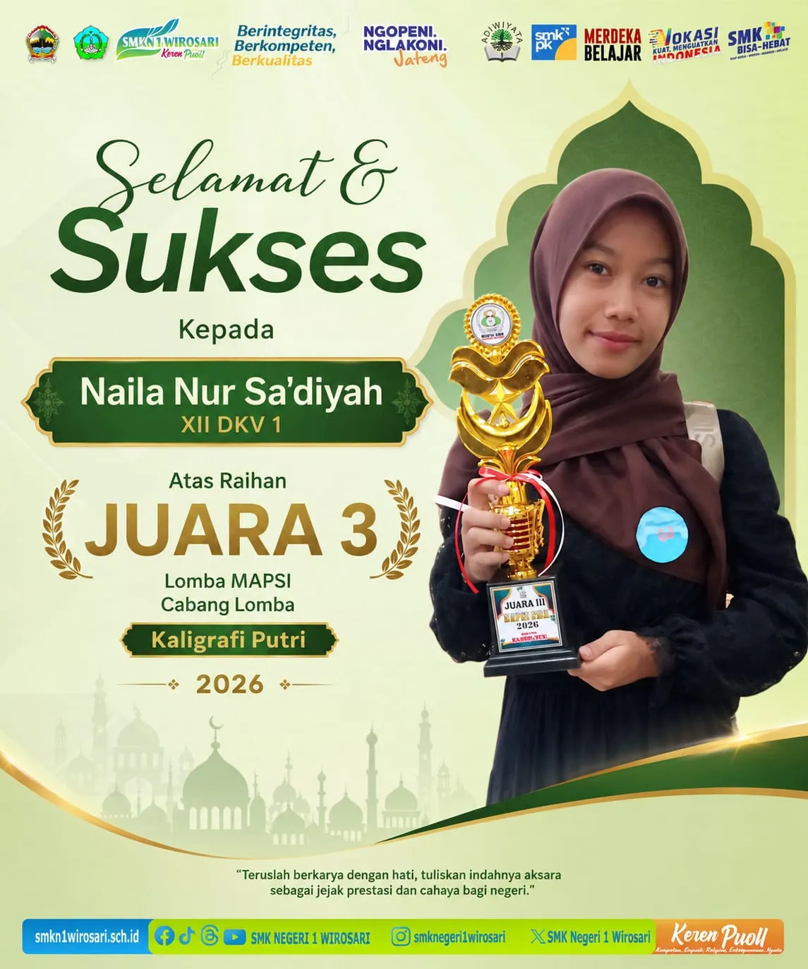 Ukir Prestasi di Ajang MAPSI, SMK Negeri 1 Wirosari Raih Juara 3 Kaligrafi Putri